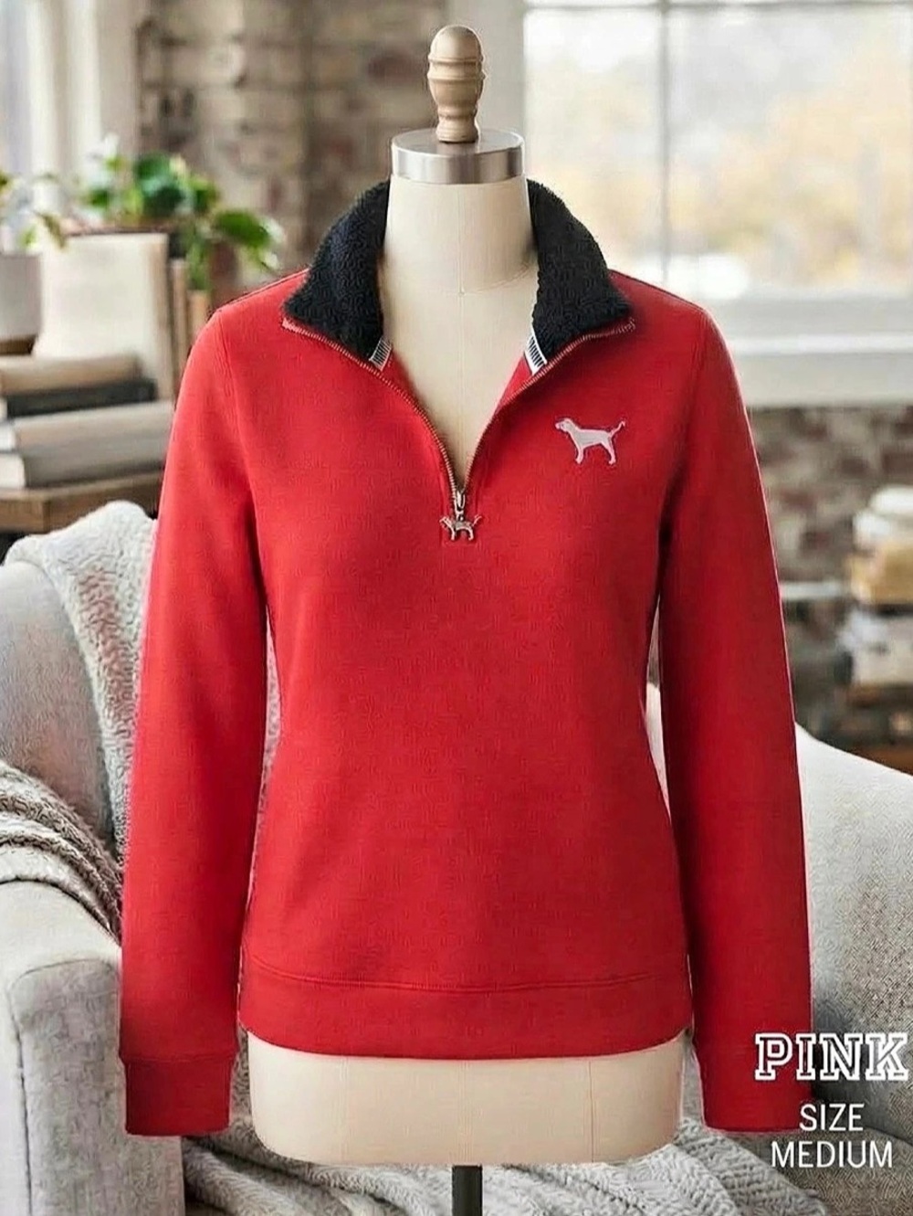 PINK Half-Zip Pullover Red & Black Half-Zip Size Medium